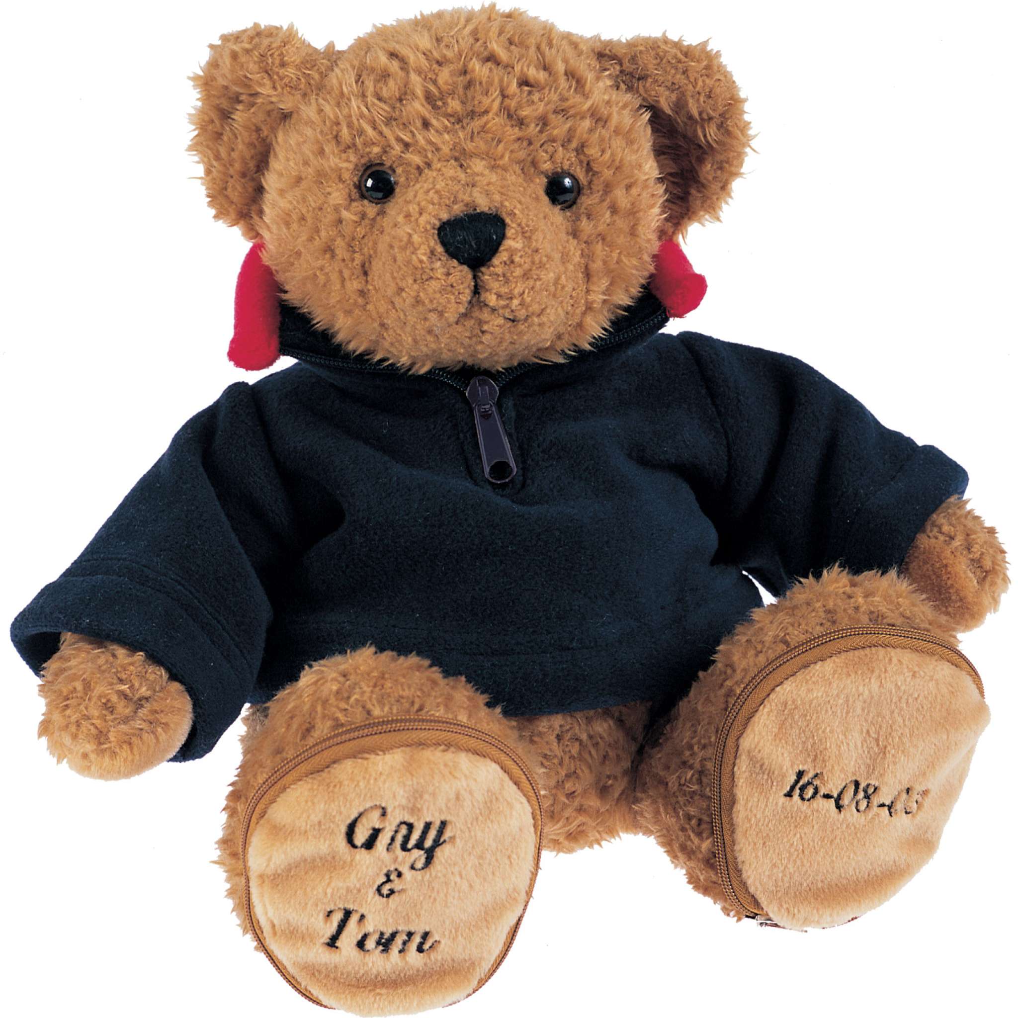 Teddybär mit blauem Fleecepullover