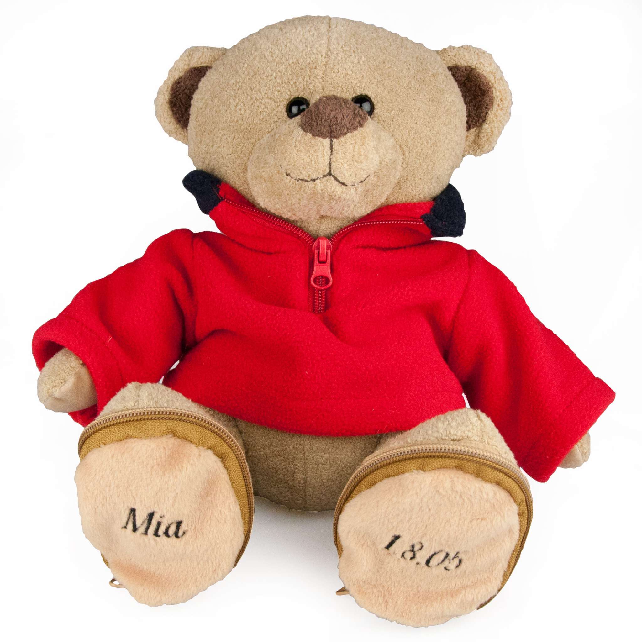 Teddybär mit rotem Fleecepullover