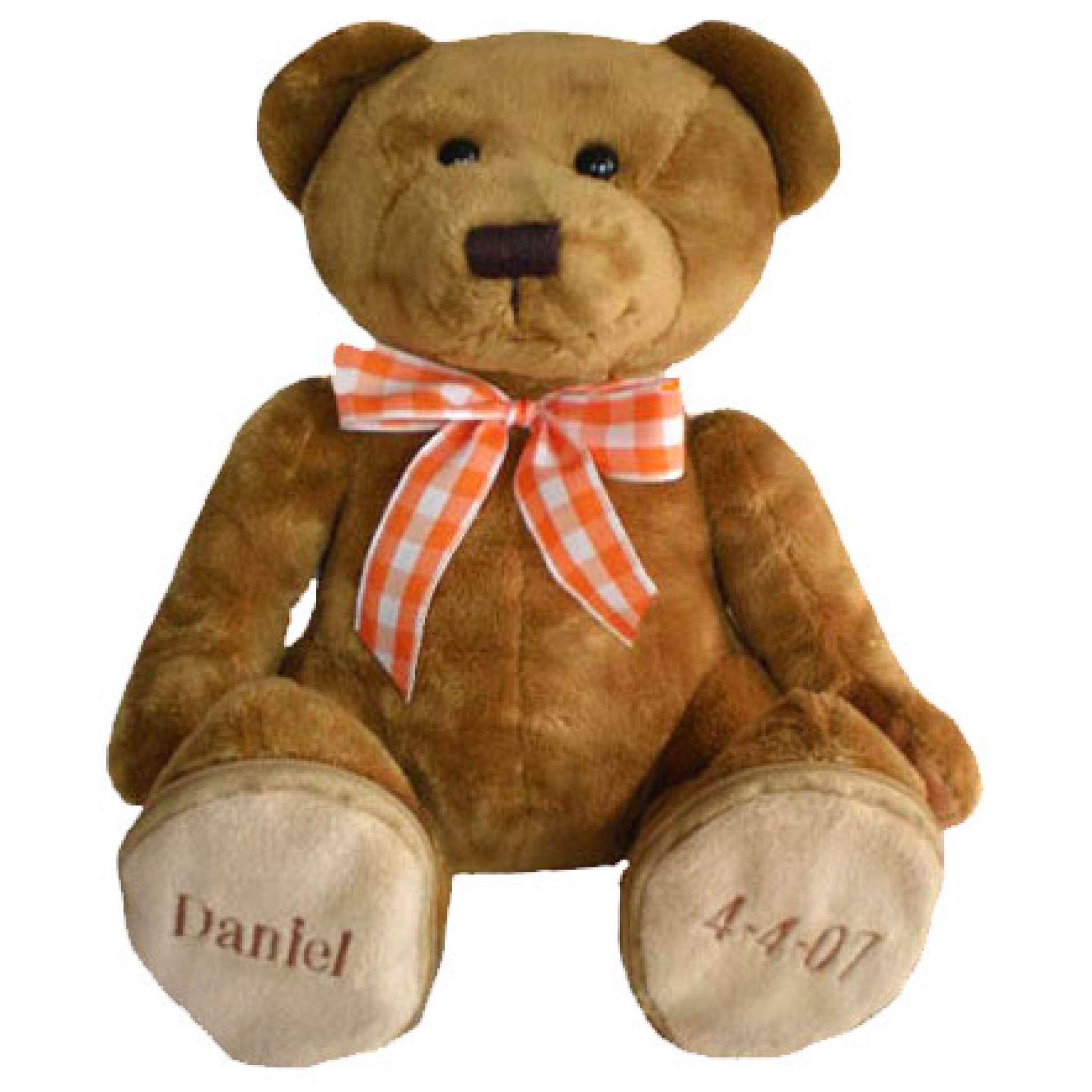 Teddybär mit orange-karierter Schleife